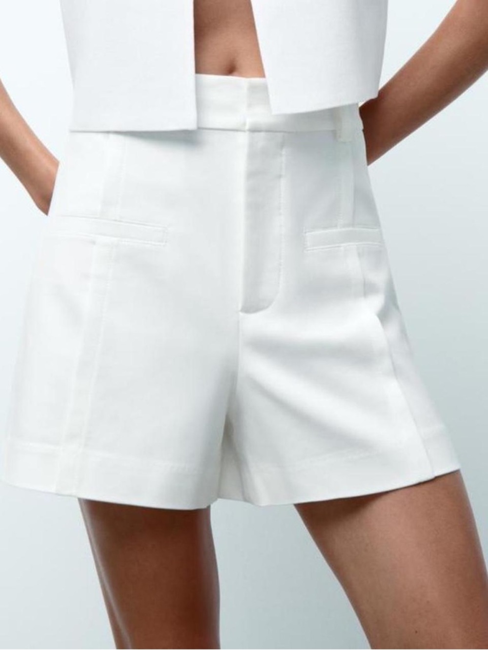 Zara White High-Waist Tailored Bermuda Shorts